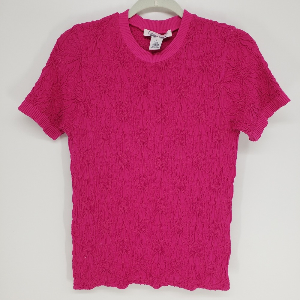 Lark‎ + Grey Textured Smocked Knit Top Womens Large Pink Short Sleeve Barbiecore